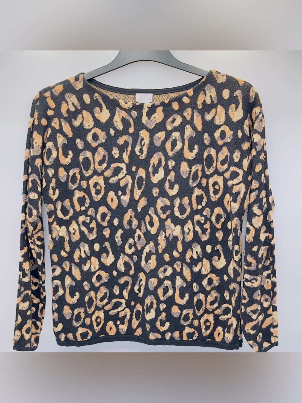 Chico's Leopard Print Crewneck Sweater in Black and Tan with Stud Accents